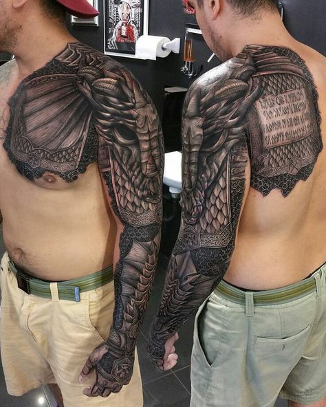 Armor Sleeve Tattoo, Chest And Back Tattoo, Men With Tattoos, Armour Tattoo, Shoulder Armor Tattoo, Armor Tattoo, Polynesian Tattoos, Marvel Tattoos, Geometric Tattoos