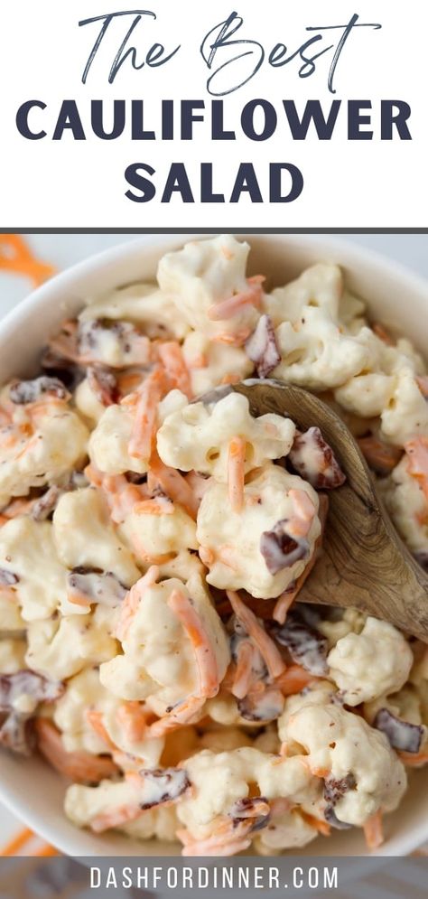 This creamy cauliflower salad features bacon, cheese, and a homemade creamy dressing. This cold salad recipe is the perfect way to use raw cauliflower, and is great for potlucks, and holidays like Christmas and Thanksgiving. You can even swap out the sugar for sweetener to make this recipe low carb and keto. It's the perfect versatile side dish for a crowd. Cauliflower Pasta Salad Recipes, Cold Veggie Salad Side Dishes, Creamy Cauliflower Salad, Cold Cauliflower Salad, Raw Cauliflower Recipes, Califlower Recipes Salads, Cauliflower Recipes Salad, Cauliflower Salad Recipes Cold, Cauliflower Salad Recipes