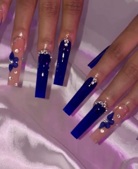 Acrylic Nails Square Blue, Blue Fall Nails 2024, Royal Blue Square Acrylic Nails, Blue Long Acrylic Nails, Royal Blue Long Nails, Baddie Nails Acrylic Blue, Royal Blue Acrylic Nails, Hanukkah Nails, Royal Blue Nails