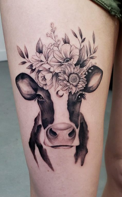 Cow Skull Tattoos, Thigh Tattoos For Women, Upper Thigh Tattoos, Skull Tattoo Flowers, Side Thigh Tattoos, Cute Thigh Tattoos, Rose Tattoo Thigh, Girl Thigh Tattoos, Molecule Tattoo