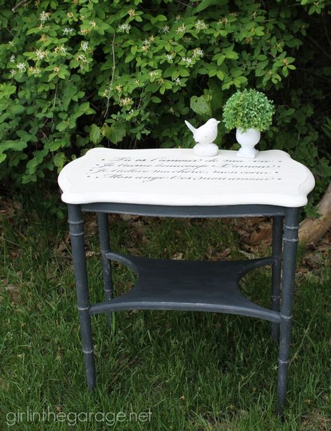 French Love Letter, Vintage Chairs Makeover, Refurbished Table, Diy Furniture Repair, French Love, Side Table Makeover, Using Stencils, Painted Side Tables, Thrift Store Decor