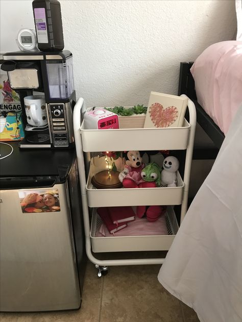 my decorated cart! works as a side table as well as added decoration for a room! Ikea Cart Bedside Table, Ikea Cart Nightstand, Rolling Cart Bed Side Table, Cart Bedside Table, Bedroom Cart, Bedside Cart, Teen Stuff, Cart Ideas, Makeover Bedroom