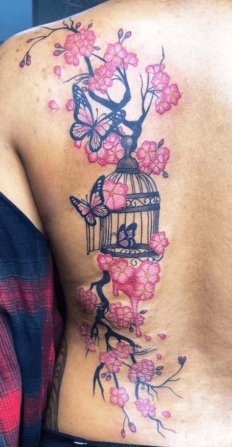 Bird Cage Tattoo Design Ideas Images Bird Flying From Cage Tattoo, Birds Flying Out Of Cage Tattoo, Cage Bird Tattoo, Birds Flowers Tattoo, Blossom Tree Back Tattoo, Bay Area Tattoos, Bird And Cage Tattoo Freedom, Caged Bird Tattoo, Asian Flower Tattoo