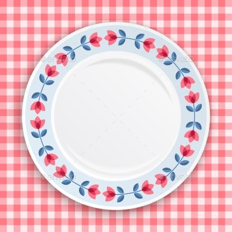 Decorative plate with patterned floral border, on gingham tablecloth. Blank plate, top view. Vector illustration. Plates Illustration, Dish Illustration, Plate Illustration, Plate Drawing, Italian Plates, Picnic Plates, Gingham Tablecloth, Food Pyramid, Iphone Wallpaper Hd Nature