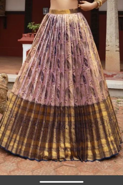 Gold Silk Lehenga, Saree To Skirt Convert, Pattu Lehanga Designs, Long Skirt Outfits Indian, Paithani Dress, Gold Blouse Designs, Half Sari, Gorgeous Lehengas, Silk Half Saree