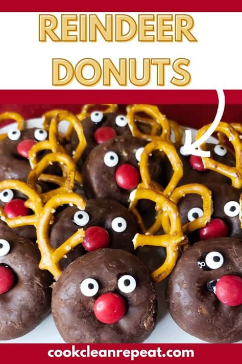 These reindeer donuts are such a fun way to make a Christmas twist on a chocolate donut! Get everyone involved with creating this dessert. Reindeer Donuts Kids, Rudolph Snacks For Kids, Holiday Themed Snacks For Kids, Prek Christmas Snacks, Easy Christmas Snacks For Kids To Make, Salty Snack For Kids Christmas Party, Reindeer Treats For Kids, Christmas Edible Crafts For Kids, Kindergarten Christmas Party Snacks