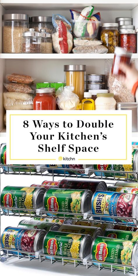 8 Inexpensive Ways to Double Your Kitchen’s Shelf Space | Kitchn Upper Cabinet Organization, Small Kitchen Shelf, Small Kitchen Organization Ideas, Pantry Shelf Organizer, Organization Ideas Kitchen, Shelves Organization, Affordable Kitchen Cabinets, Diy Pantry Organization, Ideas Small Kitchen