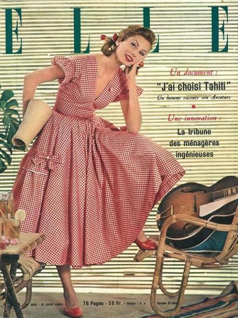 Retro Housewife Outfit, Vintage Housewife Outfit, 1950s Fashion Magazine, Red Gingham Aesthetic, 50s Housewife Outfit, Vintage 1950s Aesthetic, 1953 Fashion, 1950s Fashion Photography, 1955 Fashion