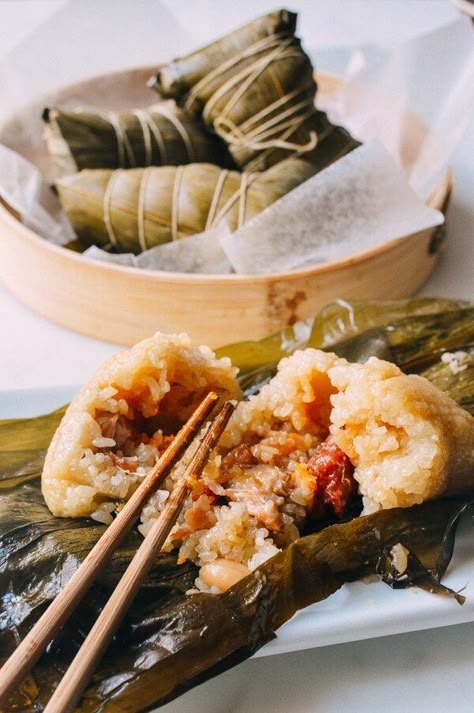 Cantonese-style Zongzi recipe, a traditional Chinese savory sticky rice treat with pork, peanuts, and salted duck egg yolk. Chinese Sticky Rice, Wok Of Life, Chinese Dishes, Sticky Rice, Chinese Cooking, Asian Dishes, Dim Sum, Pork Belly, Chinese Food