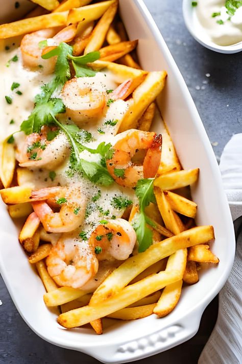 These loaded shrimp French fries are easy to make and so delicious. The shrimp is juicy with a natural sweetness, and the fries are crispy and satisfying. The perfect comfort food, these cheesy shrimp fries are simply the best! Shrimp Fries Recipe, Shrimp And Fries, Cheesy Shrimp, Flavorful Shrimp, Juicy Shrimp, Easy Seafood, Shrimp Recipes Easy, Easy Seafood Recipes, Fries Recipe