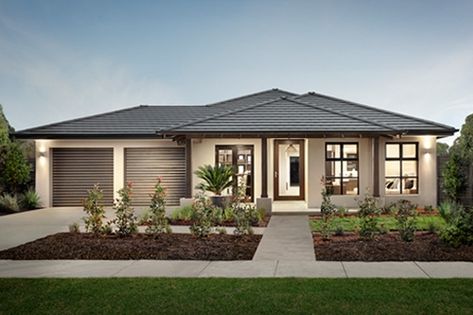 House illustrating many of Googong's design guidelines. Garage doors back from main line of the house, entrance area under a wide 'useable' verandah, 'vertically proportioned' windows, articulated facade, hipped roof with 450mm wide eaves. Small House Big Garage, Wisteria Lane, Modern Small House Design, Modern Style House Plans, Garden Terrace, Hip Roof, Exterior Remodel, Storey Homes, Beautiful House Plans