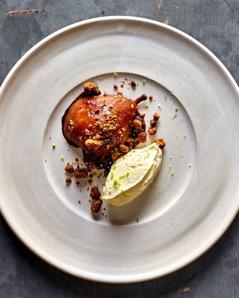 FEAST — Poached Pear & Bergamot Crumble with Crème Fraîche — Natoora Poached Pears Dessert, Plating Design, Michelin Chef, Fine Dining Desserts, Pear Dessert, Spiced Pear, Dessert Plating, Poached Pears, Crumble Recipe