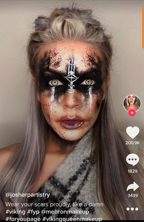 Diy Viking Makeup, Norse Witch Makeup, Halloween Makeup Colorful, Nordic Witch Makeup, Halloween Makeup Viking, Viking Queen Makeup, Viking Halloween Costume Couple, Mens Viking Makeup, Viking Halloween Makeup