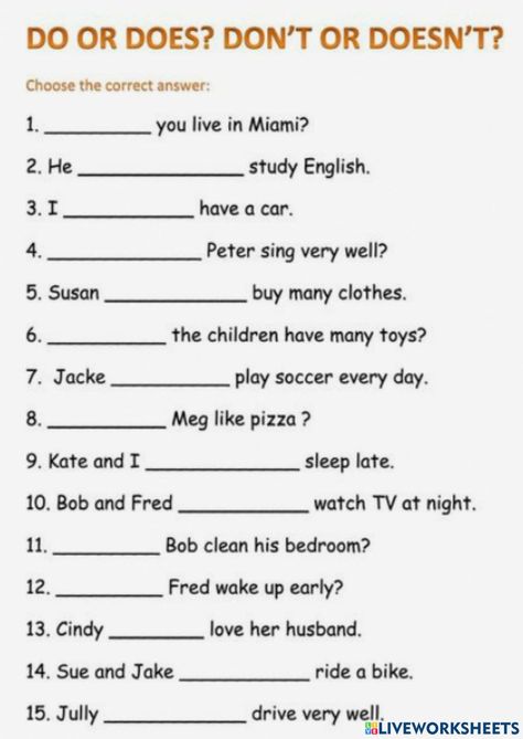 Ejercicio de Do-Does-Don't-Doesn't Don't And Doesn't Worksheet, Do Does Worksheet, Do Does, Kids Worksheet, Simple Present Tense, Grammar Exercises, Kids Homework, Basic Grammar, English Exercises