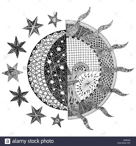 Moon and Sun Zentangle / Doodle Design ... Moon Doodle Art, Sun And Moon Doodle, Sun Zentangle, Moon Zentangle, Moon Doodle, Moon Stars Art, Hipster Drawings, Doodle Wall, Sun Mandala