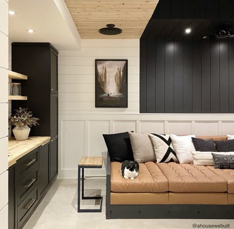 Shiplap Vertical, Sofa Pit, Basement Theater Room, A House We Built, Black Shiplap, Basement Theater, Sink Dishwasher, Built In Sofa, Basement Remodel Diy