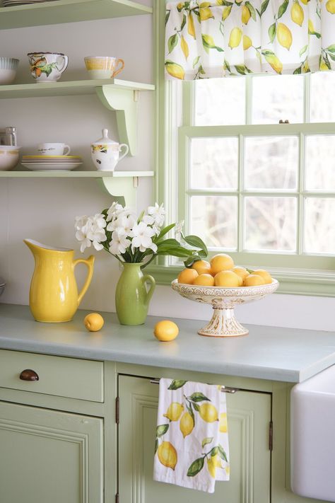 kitchen decor lemon Lemon Theme Kitchen Ideas, Yellow And Green Kitchen Decor, Sage Green And Yellow Kitchen, Yellow Themed Kitchen, Bee Theme Kitchen, Yellow And Green Kitchen, Lemon Kitchen Decor Ideas, Green And Yellow Kitchen, Fruit Themed Kitchen