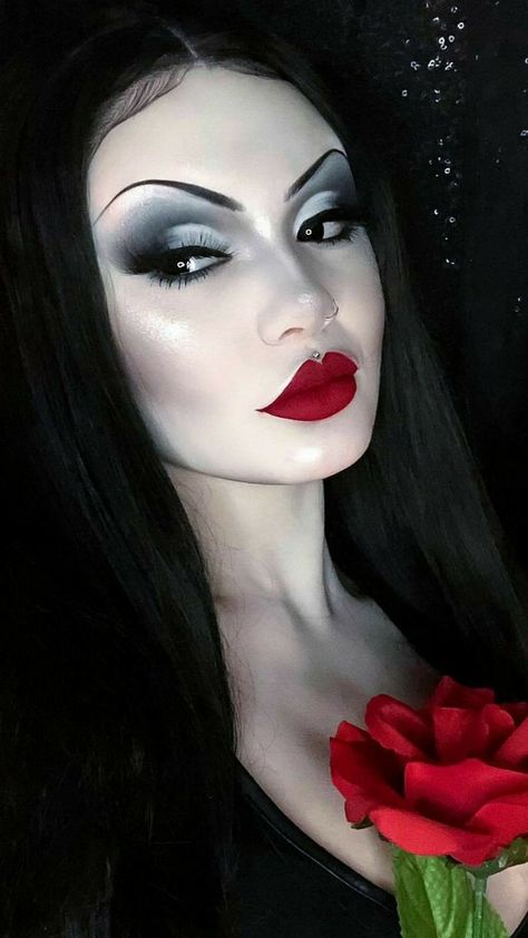 Morticia Addams Makeup, Vampire Makeup Halloween, Goth Bride, Vintage Makeup Looks, Vampire Makeup, Red Lip Makeup, Morticia Addams, Drag Makeup, Horror Makeup