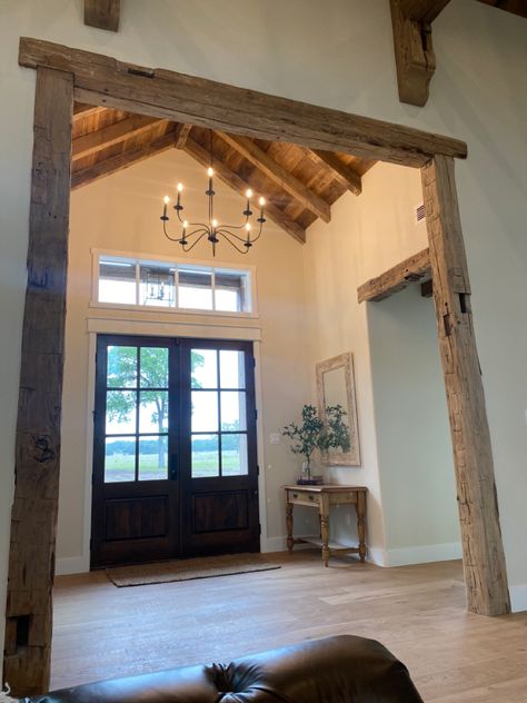 Foyer Vaulted Ceiling, Ranch Style Entryway Ideas, Modern Rustic Farmhouse Interior, Cathedral Ceiling Entryway, Barndo Entryway, Foyer Beams Entryway, Barndo Minimum Interior, Barndominium Foyer, Vaulted Entryway Ideas