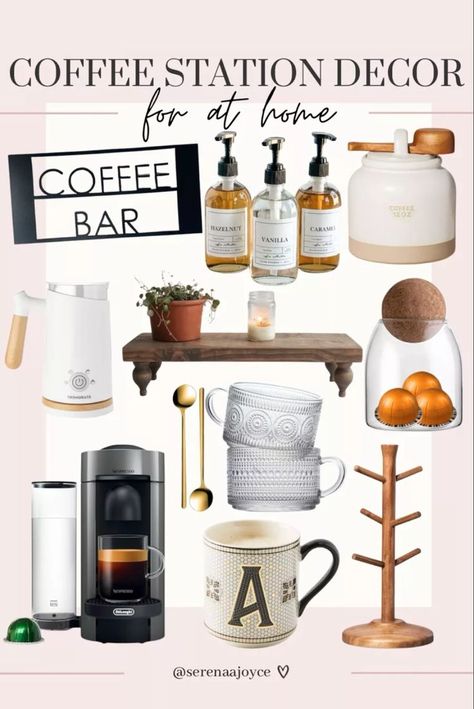 Be gone bar carts, hello coffee bars! If you're looking for a few new decorative pieces for your coffee station at home check out these adorable items that will fit perfectly on your countertop! I included a Nespresso machine for lattes! Click this pin in order to shop the coffee station. home coffee bar, coffee station ideas, coffee station decor, coffee bar decor, coffee bar must haves, kitchen countertop decor, small coffee bar, cozy cafe at home, coffee bar small spaces, diy coffee station Coffee Station Ideas Countertop Corner, Coffee Bar Must Haves, Bar Must Haves, Black Coffee Bar, Coffee Station Ideas Countertop, Coffee Station Decor, Coffee Station Ideas, Diy Coffee Station, Coffee Station Kitchen