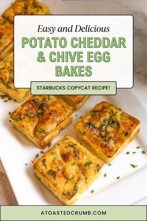 Potato Cheddar and Chive Egg Squares, a recipe mimicking Starbucks Potato Cheddar and Chive Egg Bakes. Potato Cheddar Chive Egg Bake Starbucks Recipe, Egg And Potato Bites, Copycat Starbucks Egg Bites Oven, Starbucks Potato Chive Bake, Potato Chive Egg Bites Starbucks, Potato Egg Bites, Starbucks Potato Cheddar And Chive Bake, Starbucks Copycat Egg Bite Recipes, Starbucks Eggs