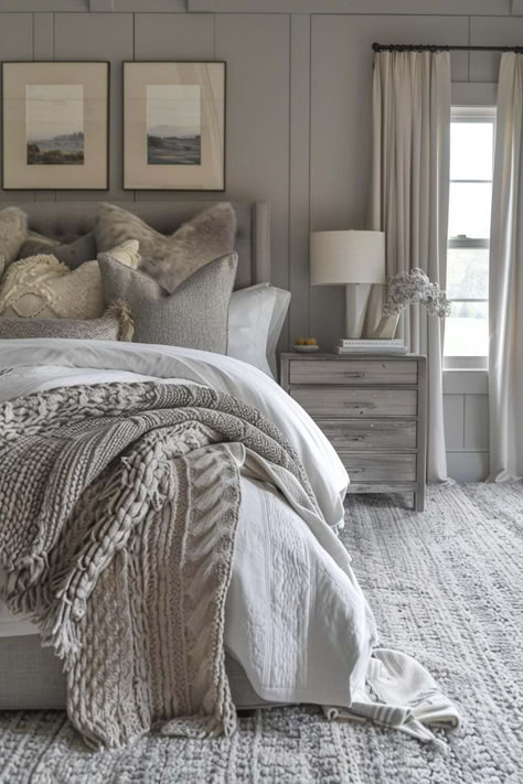 35 Beautiful Gray Farmhouse Bedroom Designs for Restful Nights Gray Ivory Bedroom, Blue Gray And Tan Bedroom, Soft Gray Bedroom Ideas, Master Bedrooms With Gray Bed, Master Bedrooms Decor Pictures, Comforter For Gray Headboard, Farmhouse Gray Bedding, Light Gray Comforter Bedroom Ideas, Gray Tone Bedroom Ideas