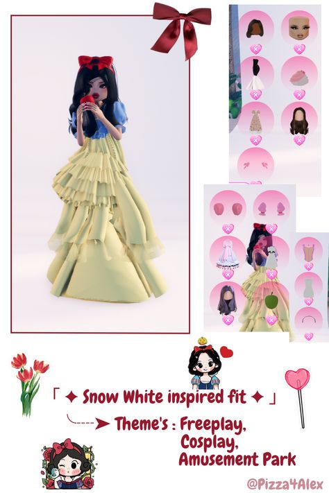 「 ✦ Snow White inspired fit ✦ 」  #DTI #Roblox #DressToImpress #SnowWhite #InspiredFit #OutfitIdea #Freeplay #Cosplay #AmusementPark Dress To Impress Freeplay Outfits, Dti Freeplay Idea, Freeplay Dress To Impress, Snow White Dress To Impress, Cosplay Dti Outfits, Dti Cosplay Fits, Cosplay Dress To Impress, Snow White Dresses, Dti Fits