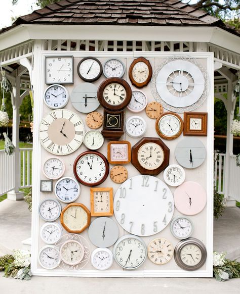 lots of clocks ceremony backdrop Vintage Saat, 80s Theme, Steampunk Wedding, Have Inspiration, Bridal Musings, Vintage California, Photo Booth Backdrop, Ceremony Backdrop, Green Wedding Shoes