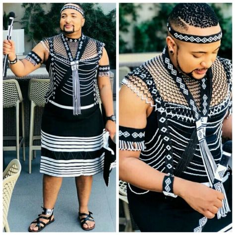 Spitch Nzawumbi In Black & White Xhosa Male Traditional Attire With Beaded Accessories | Clipkulture | Clipkulture Xhosa Attire For Ladies, Modern Xhosa Attire, Xhosa Traditional Dresses, Outfit Images, Xhosa Traditional Attire, Xhosa Attire, South African Traditional Dresses, African Traditional Wear, African Wedding Attire