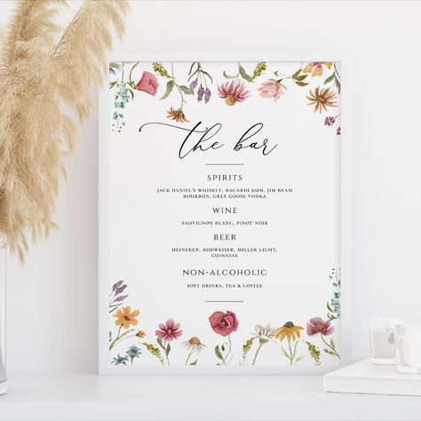 Editable Printable Wildflower Wedding BAR Menu sign template, Floral table decor - 8x10". Edit with Corjl.com editor. Diy Bar Menu Sign, Floral Table Decor, Wedding Bar Menu Sign, Wildflower Wedding Theme, Bridal Shower Table, Bar Menu Sign, Vodka Wine, Bar Menu Wedding, Menu Sign