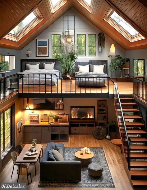 Tiny House 2 Floors, 2 Bedroom Loft House Design, 2 Bedroom Loft House, Studio Apartment With Loft, Small Loft House Design, Double Loft Tiny House, Loft Rooftop, Small Loft House, House With Mezzanine