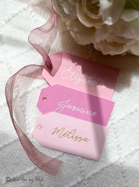 Give your event that handmade touch with personalized name tags! Perfect for: wedding hotel welcome bags, bachelorette party planning, bridal party presents, or holiday gifts! Monoline Calligraphy, Bridesmaid Gift Tag, Gift Tags Personalized, Bachelorette Party Planning, Chiffon Ribbon, Calligraphy Name, Custom Gift Tags, Event Gifts, Personalized Gift Tags