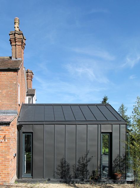 Wiltshire House — YARD Architects Timber Clad Rear Extension, Zinc Clad Extension, Pitched Roof Extension, Roof Profiles, Timber Clad Extension, Modern Black House, Contemporary Extension, Zinc Cladding, Black Cladding