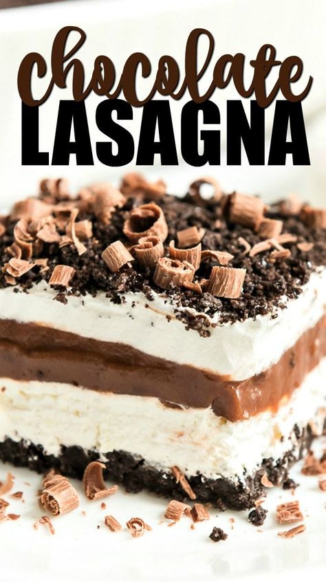 Chocolate Lasagna Cake, Cheese Station, Cream Cheese And Cool Whip, Chocolate Desserts Fancy, Baked Chocolate Pudding, Chocolate Lasagna Recipe, Peanut Butter Lasagna, Dessert Lasagna, Pay Check