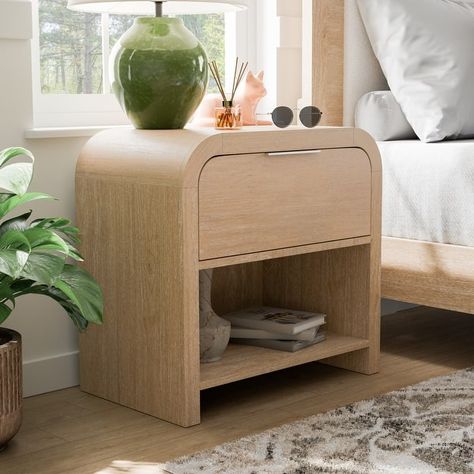 Furniture of America Elowyn Modern Natural Solid Wood Nightstand with 1-Drawer and Shelf - On Sale - Bed Bath & Beyond - 41421767 Long Nightstand, Cute Nightstand, Curved Bedside Table, Shelf Bed, Arched Design, Bedside Drawers, Oak Nightstand, Bedside Storage, Wood Nightstand