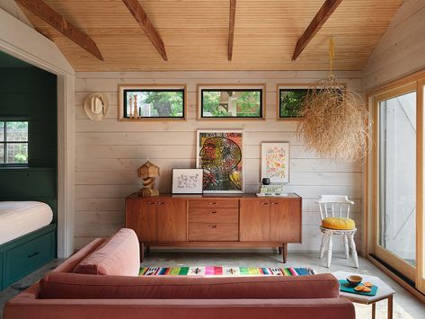 Oak Cliff Casita is a wooden retreat located in Dallas, Texas, designed in 2022 by Best Practice Architecture. Pine Ceiling, Sleeping Nook, Oak Cliff, Garage Renovation, Carriage Doors, 1970s Home, Pine Walls, Garage Conversion, Garage Makeover