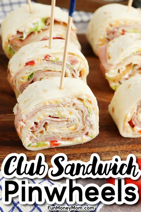 These delicious Ham and Turkey Pinwheels are loaded with the perfect combination of deli meat, tangy cream cheese, crispy bacon, and fresh veggies. A fun twist on the classic club sandwich, they’re the perfect bite-size party appetizer, lunch, or afternoon snack! Turkey Pinwheels, Club Sandwiches, Pinwheel Sandwiches, Ham And Cheese Pinwheels, Cheese Pinwheels, Pinwheel Appetizers, Cream Cheese Rolls, Party Food Dessert, Pinwheel Recipes