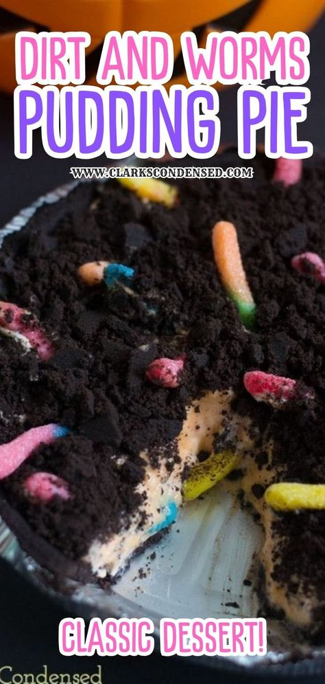 Delight kids and adults alike with this fun Dirt and Worms Dessert. Perfect for parties or Halloween, this treat combines chocolate pudding, crushed cookies, and gummy worms to create a playful, edible garden of dirt. Easy to assemble and guaranteed to be a hit, this recipe is a great way to add a touch of whimsy to any gathering. Dirt And Worms Dessert, Gummy Worms Recipe, Halloween Dirt Pudding, Dirt And Worms, Oreo Pie Crust, Pudding Pie, Pudding Pies, Vanilla Whipped Cream, Gummy Worms