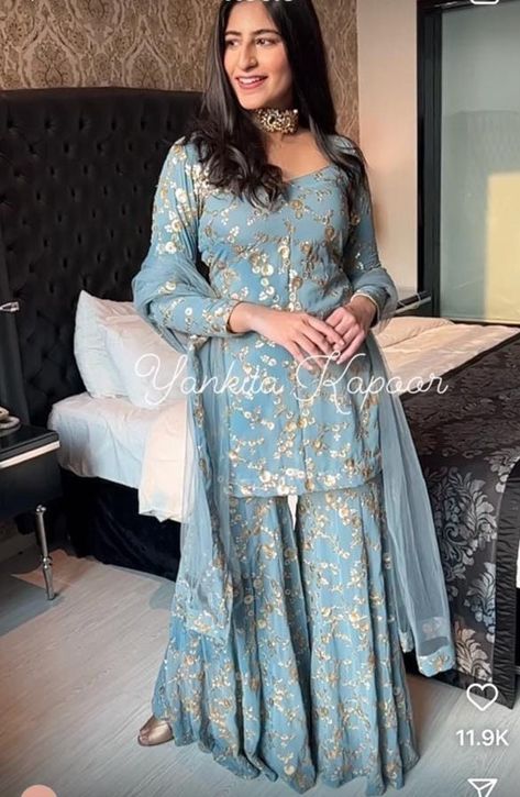 Blue Sharara, Sky Blue Outfit, Kurta Lehenga, Sharara Designs, Combination Dresses, Kurta Sharara Set, Sky Blue Dress, Kurta Sharara, Blue Kurta