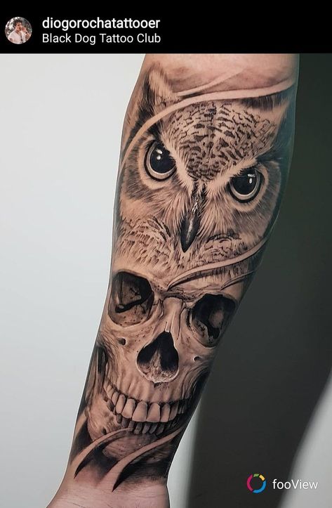 Owl Sleeve Tattoo, Skull Owl Tattoo, Owl And Skull Tattoo, Owl Skull Tattoos, Realistic Owl Tattoo, Owl Tattoo Sleeve, Tattoos Leg, Owl Skull, Skull Sleeve Tattoos