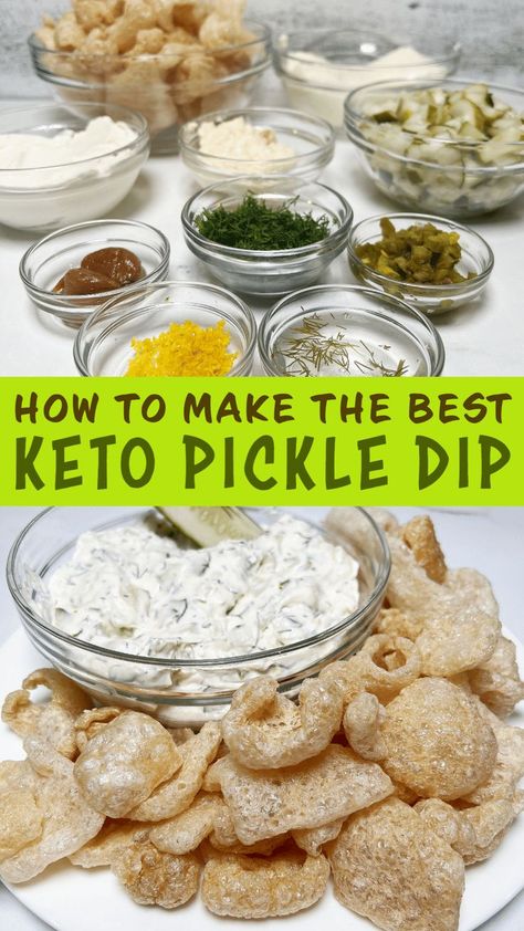 Keto Pickle Dip (4g of Net Carbs) Dips for dinner anyone? This is a light refreshing one that goes great with raw Veggies, pork rinds or any keto chip! A schmear on a sandwich sounds pretty good too! https://ketoniafoods.com/recipes/how-to-make-the-best-keto-pickle-dip Pickle Dip Recipe, Pork Rind Recipes, Raw Veggies, Pickle Dip, Healthy Pork, Spicy Pickles, Pickle Chips, Pork Rinds, Favorite Comfort Food