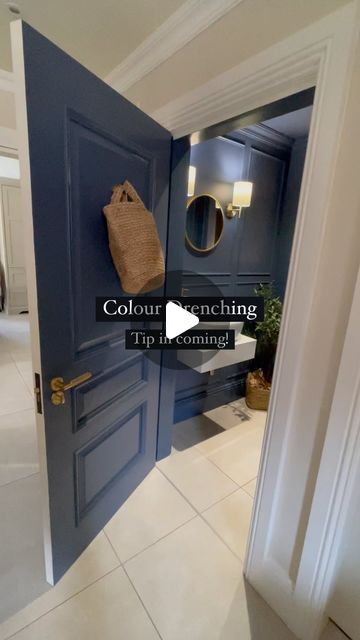 Kate Clarkson on Instagram: "Colour drenching, what happens to the doors?!?!  A question I asked when we were painting our doors different on one side to the other, so I’ve done a quick reel on how to do it. Hope it’s helpful!   Is there anything you wish you knew when building/renovating? Let me know and I can cover it to help others through their stressful time.   xxxxx  #colourdrenching #doors #selfbuild #selfbuildhome" Powder Room Colour Ideas, Door Painting Colors Interior, Doors Different Color Than Trim, Coloured Doors Interior Entrance, Door Colour Ideas Interiors, Dark Blue Doors Interior, Bathroom Door Color, Hallway With Colored Doors, Colour Door Frame