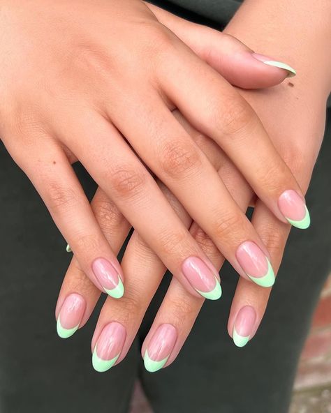 We love the neon green French tip nails because the green symbolizes everything goes for the summer! French Nails Ideas Green, Summer Color French Tips, Like Green Tip Nails, French Tips Green, Cute Gel Nails French Tip, Light Green French Tip, Nails Green French Tip, French Green, Green French Tips Nails