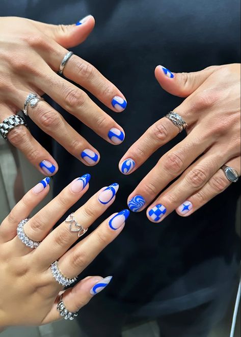 Matching blue design nails Nail Ideas For Men, Blue Design Nails, Nail Ideas For Couples, Blue Gel Nails, Mens Nails, Punk Nails, Hard Nails, Blue Nail Designs, Design Nails