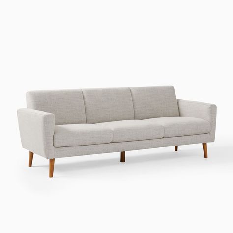 Oliver 72" Sofa, Twill, Dove, Light Walnut | West Elm Family Room With Bar, Japandi Sofa, Family Room Pillows, Web Design Mockup, Leather Reclining Sofa, Sofa Ideas, Mid Century Sofa, Living Room Organization, Wood Sofa