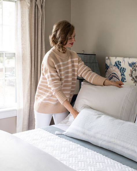 DAILY LOOK:  La Ligne Sweater J.Crew White Jeans Sarah Flint Floral Jacquard Natalie Flat (not shown)  Boll and Branch Duvet, Blanket, Sheets, Lumbar Pillow all c/o Stacy Flinner, Rajbari Bawali, Coastal Winter, Venice Simplon, Stacie Flinner, Simplon Orient Express, Boll & Branch, Sarah Flint, At Home Outfits