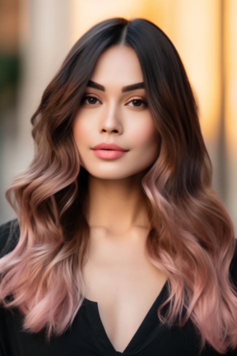 Ombre rose gold tips on dark brown hair offer a modern twist on traditional ombre styles. The rose gold adds an ethereal, feminine finish. Click here to check out more stunning dark brown hair with highlights for 2023. Brown To Rose Gold Ombre, Chocolate Rose Hair Balayage, Brown To Peach Ombre Hair, Rose Gold Highlights Brunette Dark Brown Balayage Hair, Rose Brown Balayage Brunettes, Brunette Hair Purple Highlights, Brown And Pink Ombre Hair, Hair For Medium Skin Tone, Pink Baylage Hair Light Brown