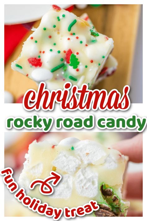 christmas candy, easy christmas candy, easy christmas dessert, no bake christmas desserts, rocky road bars, rocky road candy White Rocky Road Recipe, Microwave Christmas Candy, No Bake Christmas Treats Holiday Gifts, White Chocolate Crockpot Candy, Christmas Candy With Marshmallows, Christmas Rocky Road White Chocolate, Peppermint Christmas Candy, White Chocolate Candies, Crockpot Christmas Candy Easy Recipes