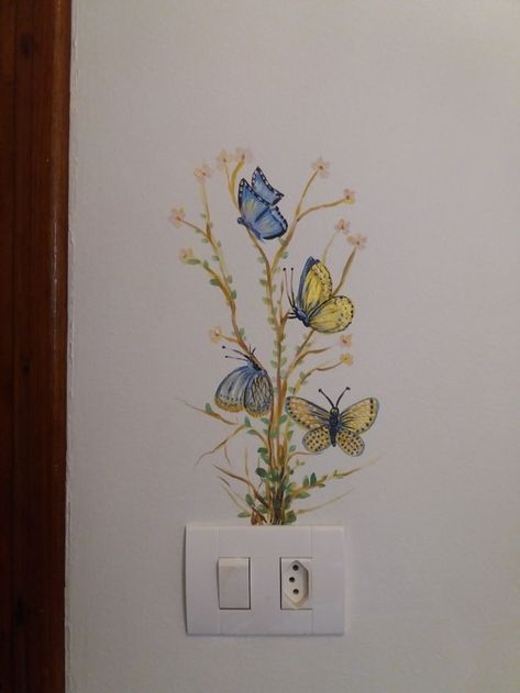 Small Murals For Home, Hand Painted Murals For Home Bedroom, Diy Wall Art Painting Murals, Small Wall Painting Ideas, Aesthetic Wall Paintings, Lightswitch Ideas Painting, Small Wall Painting, Yellow Kitchen Cabinets, Painting On Wall