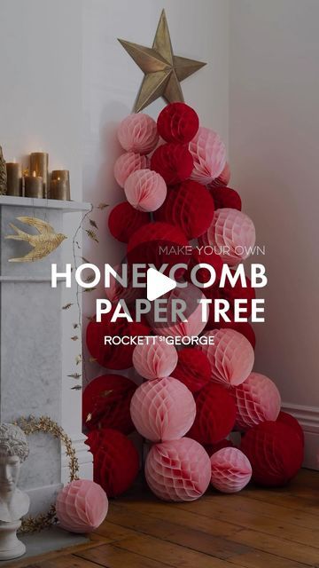 Rockett St George on Instagram: "Make your own Honeycomb Paper Tree! 💞❤️⁠ .⁠ A unique take on traditional Christmas Trrees all you need to do is... ⁠ .⁠ 💞 1. Lean your fan trellis against the wall in your chosen Christmas style spot. ⁠ 💞 2. Hang your S-Hooks on the trellis. We recommend linking multiple S-Hooks together to create different lengths for the Honeycomb Paper Balls to hang from. ⁠ 💞 3. Style a generous number of honeycomb balls around the base to create a fuller look.⁠ 💞 4. The fun part! Start hanging the Honeycomb Paper Balls on the S-Hooks. Top Tip: Group different sizes together to build your tree shape out.⁠ 💞 5. Top the tree with your star of choice to complete the look. ⁠ .⁠ And, et voilà! Your Honeycomb Paper Christmas Tree is complete! Head to the link in our bio Honeycomb Christmas Tree, Diy Honeycomb, Fairy Lights In Trees, Christmas Home Decorations, Lighted Tree Topper, Paper Party Decorations, Honeycomb Decorations, Paper Christmas Decorations, Paper Balls